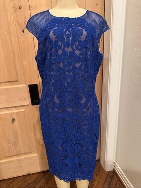 Tadashi Shoji Royal Blue Lace Overlay Sheath Dress Sz 16 wedding guest new